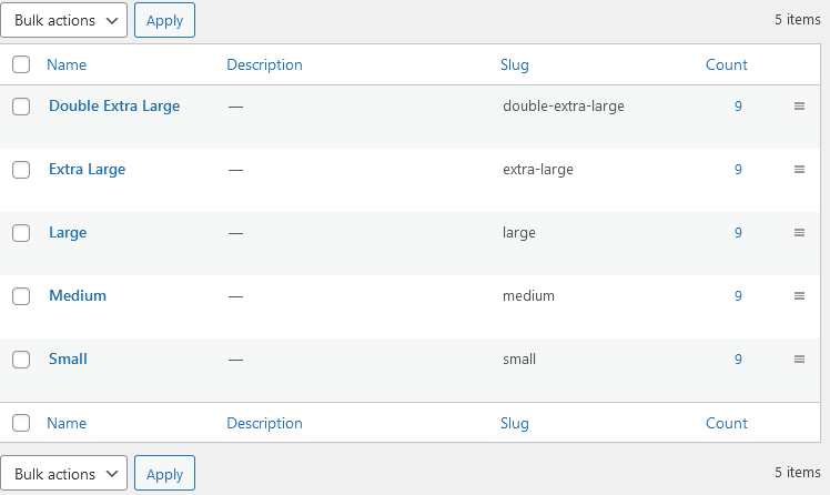 list of different sizes