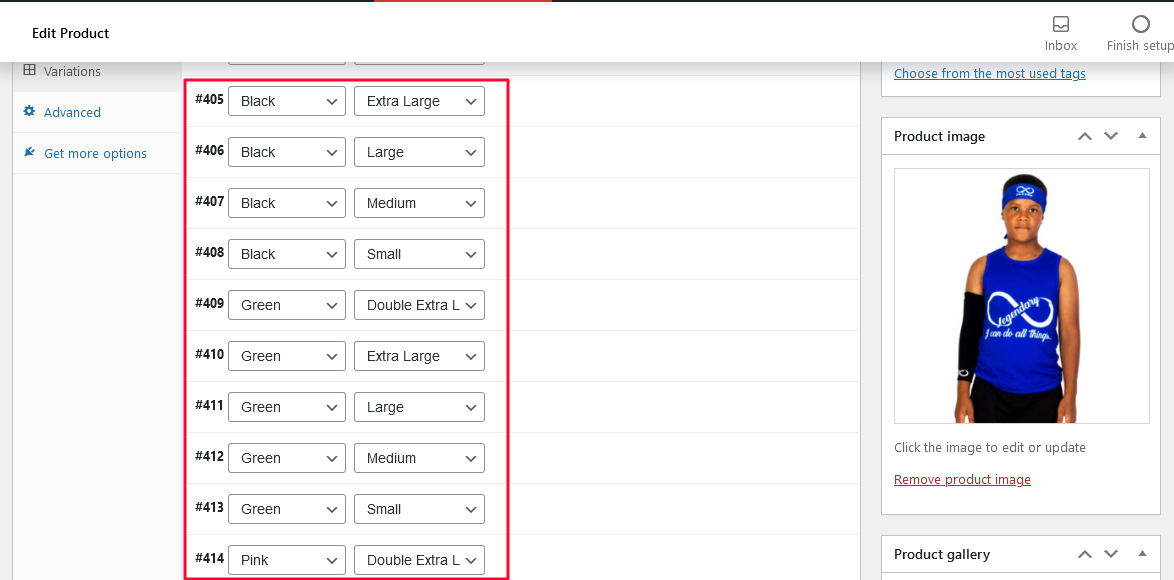 product variations automatically created from the given values